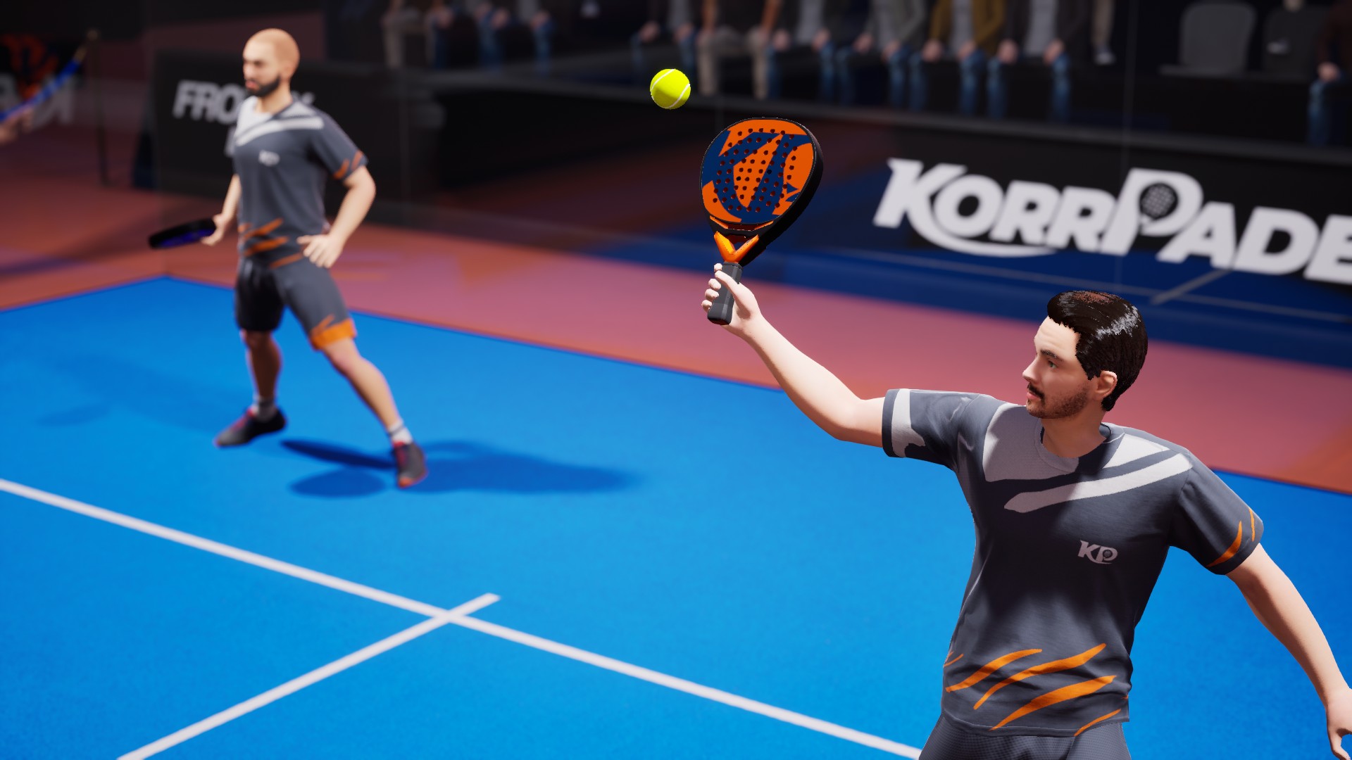 Capture de gameplay du jeu vid&eacute;o KorrPadel en d&eacute;veloppement montrant un match en cours.